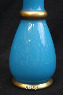 Vintage French Blue Opaline Balustrade Shaped Vase With Gilt Trim Circa 1930's