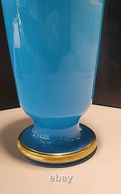 Vintage French Blue Oplaine Glass Vase 14 Tall