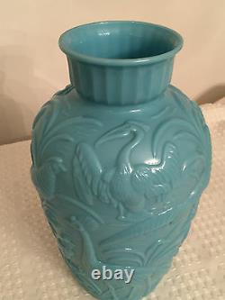 Vintage GILLINDER GLASS Blue Puffy Glass Peacock Bird Vase Art Deco Period 1920s