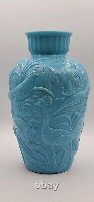 Vintage Gillinder Glass Vase Blue Puffy Peacock Heron Birds Art Deco 1920 Era
