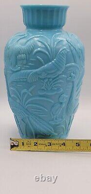 Vintage Gillinder Glass Vase Blue Puffy Peacock Heron Birds Art Deco 1920 Era