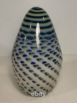 Vintage Hand Blown Art Glass Blue Yellow & Green Speckled Egg Vase 8.5