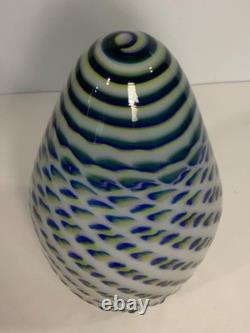 Vintage Hand Blown Art Glass Blue Yellow & Green Speckled Egg Vase 8.5