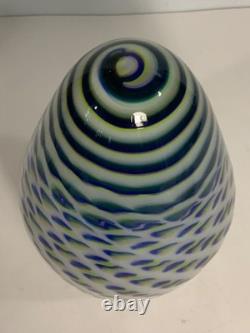 Vintage Hand Blown Art Glass Blue Yellow & Green Speckled Egg Vase 8.5