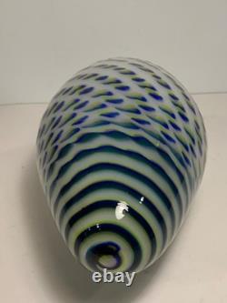 Vintage Hand Blown Art Glass Blue Yellow & Green Speckled Egg Vase 8.5