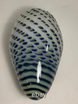 Vintage Hand Blown Art Glass Blue Yellow & Green Speckled Egg Vase 8.5
