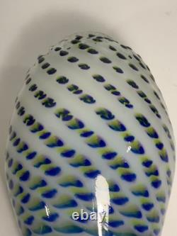 Vintage Hand Blown Art Glass Blue Yellow & Green Speckled Egg Vase 8.5