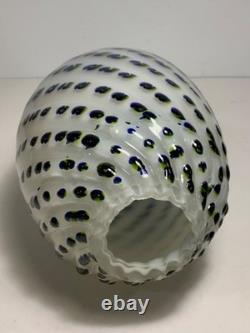 Vintage Hand Blown Art Glass Blue Yellow & Green Speckled Egg Vase 8.5