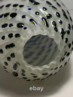 Vintage Hand Blown Art Glass Blue Yellow & Green Speckled Egg Vase 8.5