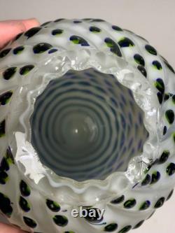 Vintage Hand Blown Art Glass Blue Yellow & Green Speckled Egg Vase 8.5