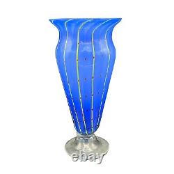 Vintage Hand Blown Art Glass Vase Blue Yellow Red Polka Dot Striped 12 Italian