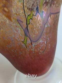 Vintage Hand Blown Art Glass Vase Iridescent Flared Abstract Studio Glass
