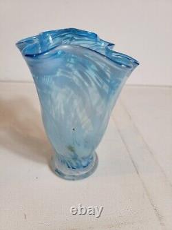 Vintage Hand Blown Art Ruffle Glass Vase Blue Swirl Fluted VTG MCM