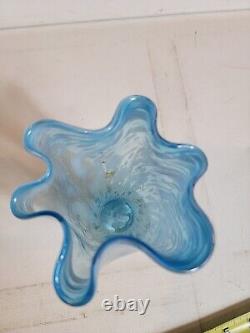 Vintage Hand Blown Art Ruffle Glass Vase Blue Swirl Fluted VTG MCM