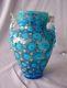 Vintage Hand Blown Blue Opalescent Enameled Art Glass Two-Handled Vase