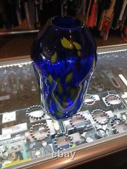 Vintage Hand Blown Cobalt Blue Glass Vase With Yellow Spots
