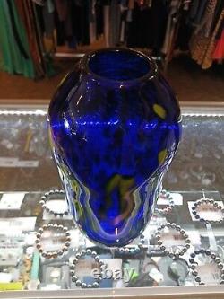 Vintage Hand Blown Cobalt Blue Glass Vase With Yellow Spots