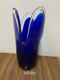 Vintage Hand Blown Mid Century Modern Blue Glass Flowing Design Vase