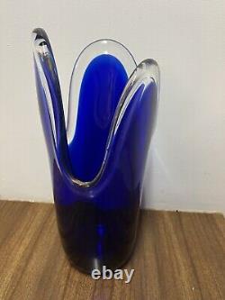 Vintage Hand Blown Mid Century Modern Blue Glass Flowing Design Vase