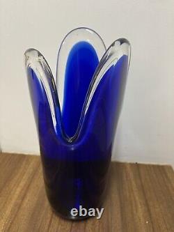 Vintage Hand Blown Mid Century Modern Blue Glass Flowing Design Vase