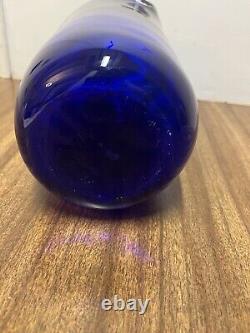 Vintage Hand Blown Mid Century Modern Blue Glass Flowing Design Vase