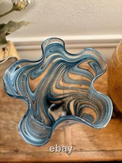 Vintage Hand Blown art glass vase with blue and white swirls. 11 Inches Tall