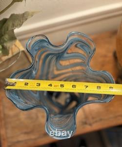 Vintage Hand Blown art glass vase with blue and white swirls. 11 Inches Tall