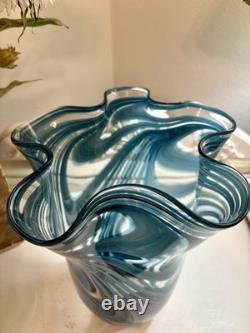 Vintage Hand Blown art glass vase with blue and white swirls. 11 Inches Tall