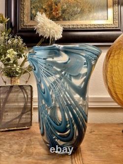 Vintage Hand Blown art glass vase with blue and white swirls. 11 Inches Tall