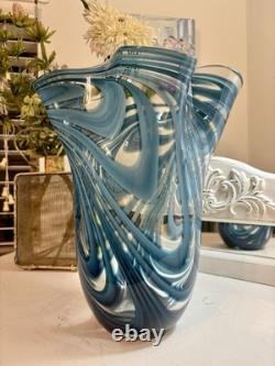 Vintage Hand Blown art glass vase with blue and white swirls. 11 Inches Tall