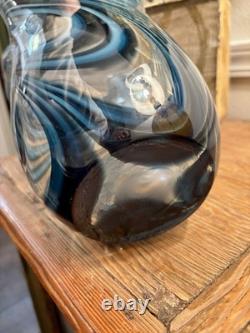 Vintage Hand Blown art glass vase with blue and white swirls. 11 Inches Tall