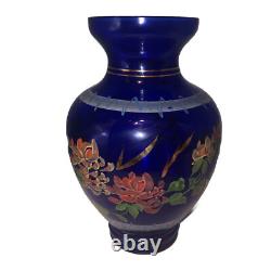 Vintage Hand-Painted Cobalt Blue Glass Large 10 1/2 Inch Vase Hand Painted