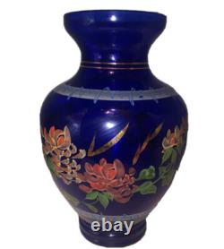 Vintage Hand-Painted Cobalt Blue Glass Large 10 1/2 Inch Vase Hand Painted
