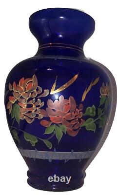 Vintage Hand-Painted Cobalt Blue Glass Large 10 1/2 Inch Vase Hand Painted