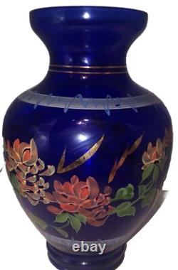 Vintage Hand-Painted Cobalt Blue Glass Large 10 1/2 Inch Vase Hand Painted