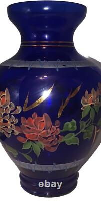 Vintage Hand-Painted Cobalt Blue Glass Large 10 1/2 Inch Vase Hand Painted