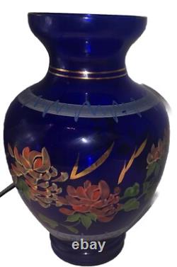 Vintage Hand-Painted Cobalt Blue Glass Large 10 1/2 Inch Vase Hand Painted