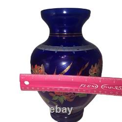 Vintage Hand-Painted Cobalt Blue Glass Large 10 1/2 Inch Vase Hand Painted