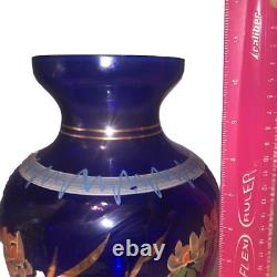 Vintage Hand-Painted Cobalt Blue Glass Large 10 1/2 Inch Vase Hand Painted