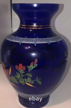 Vintage Hand-Painted Cobalt Blue Glass Large 10 1/2 Inch Vase Hand Painted