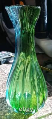 Vintage Handblown Glass Vase Green & Blue Swirl 10 Tall Scallop Opening