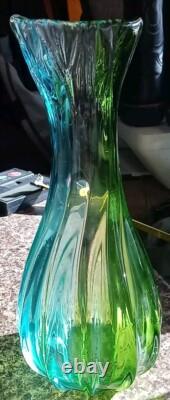 Vintage Handblown Glass Vase Green & Blue Swirl 10 Tall Scallop Opening