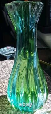 Vintage Handblown Glass Vase Green & Blue Swirl 10 Tall Scallop Opening
