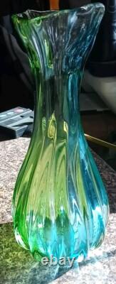 Vintage Handblown Glass Vase Green & Blue Swirl 10 Tall Scallop Opening