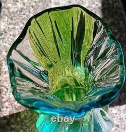 Vintage Handblown Glass Vase Green & Blue Swirl 10 Tall Scallop Opening