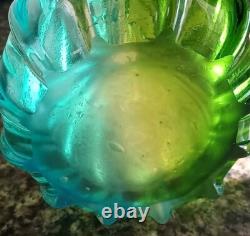 Vintage Handblown Glass Vase Green & Blue Swirl 10 Tall Scallop Opening