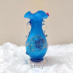 Vintage Handmade Floral Blue Pink Glass Pontil Mark Flower Vase 7.3