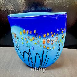 Vintage Heavy Blue Murano Glass Vase Colorful Millefiori Swirling Design 9