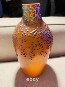 Vintage Irridescent Art Glass Vase Zellique Studio Orange Blue Dots 12 High