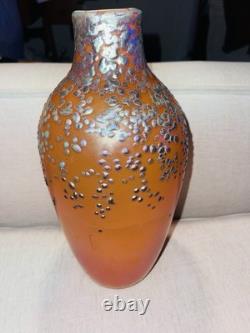 Vintage Irridescent Art Glass Vase Zellique Studio Orange Blue Dots 12 High
